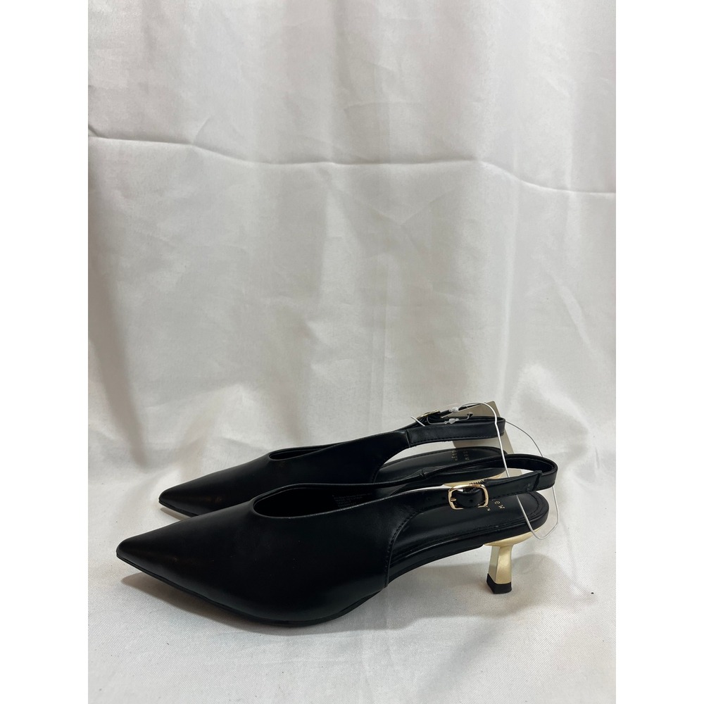 A New Day Womens Black Pointed Toe Slingback Heels Gold Kitten Heel Size 6 NEW